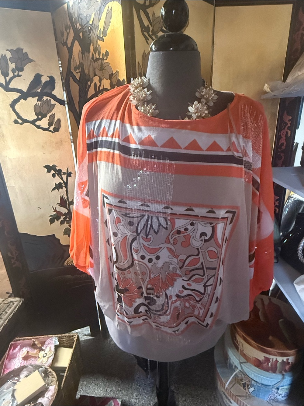 Alfani Coral and White Printed Sheer Tunic